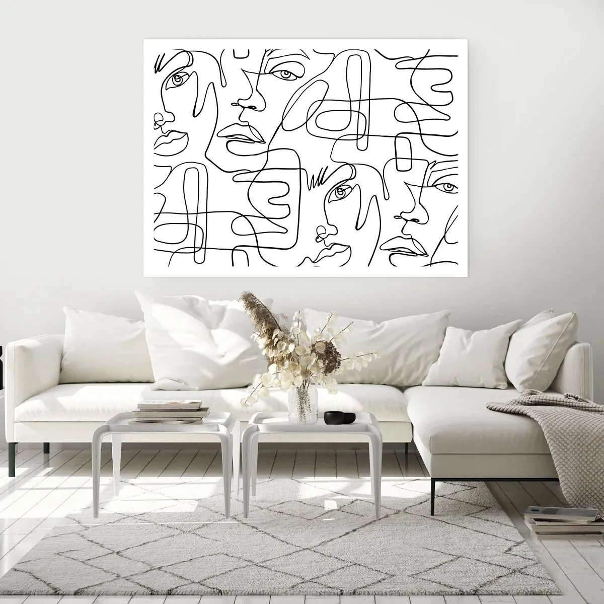 Poster - Eine minimalistische Zeichnung eines Gesichts mit Linien auf hellem Hintergrund. - 100x70cm - In verworrenen Gefühlen - Moderne Wanddekoration für Wohnzimmer und Schlafzimmer ARTTOR