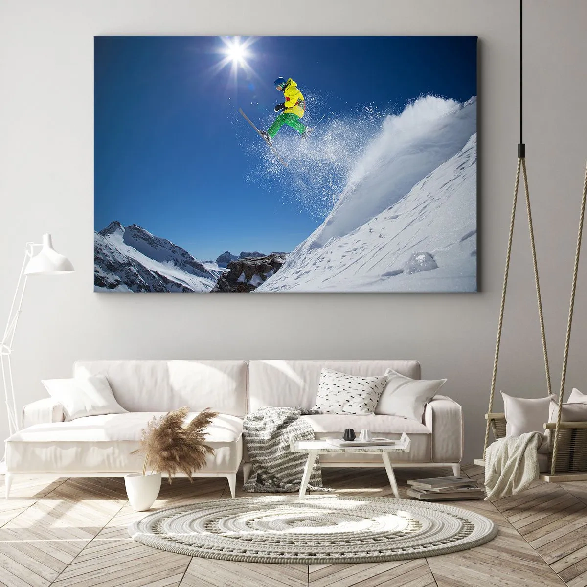 Bild auf Leinwand - Leinwandbild - Skifahrer in der Luft mit Bergen im Hintergrund - 120x80cm - Tanzen mit den Bergen - Moderne Wanddekoration für Wohnzimmer und Schlafzimmer ARTTOR