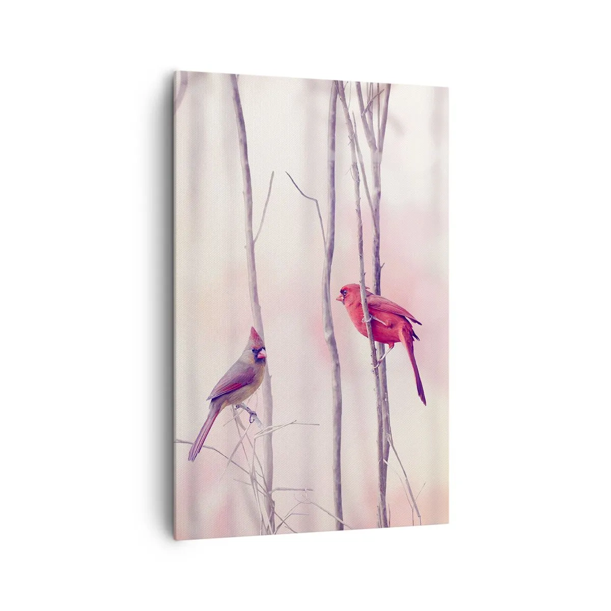 Bild auf Leinwand - Leinwandbild - Ein Kardinalspaar sitzt auf Ästen in einer pastellfarbenen Landschaft - 80x120cm - Geschichte vom rosa Wald - Moderne Wanddekoration für Wohnzimmer und Schlafzimmer ARTTOR