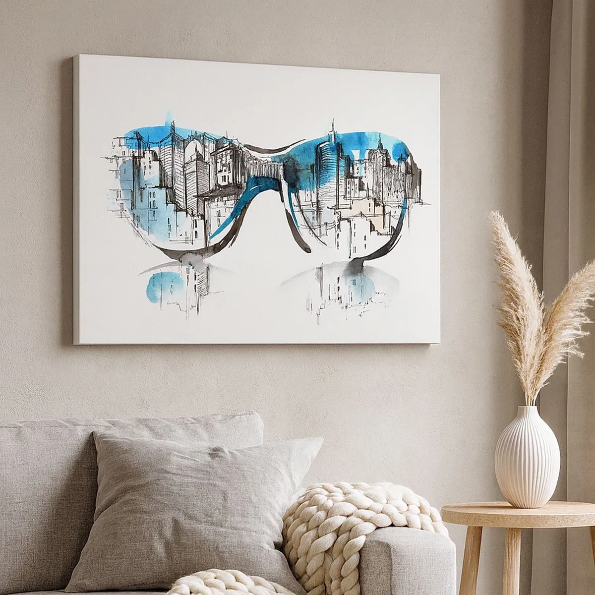 Bild auf Leinwand - Leinwandbild - Aquarell des Stadtpanoramas, das sich in den Gläsern spiegelt - 70x50cm - Großstadt-Chic - Moderne Wanddekoration für Wohnzimmer und Schlafzimmer ARTTOR