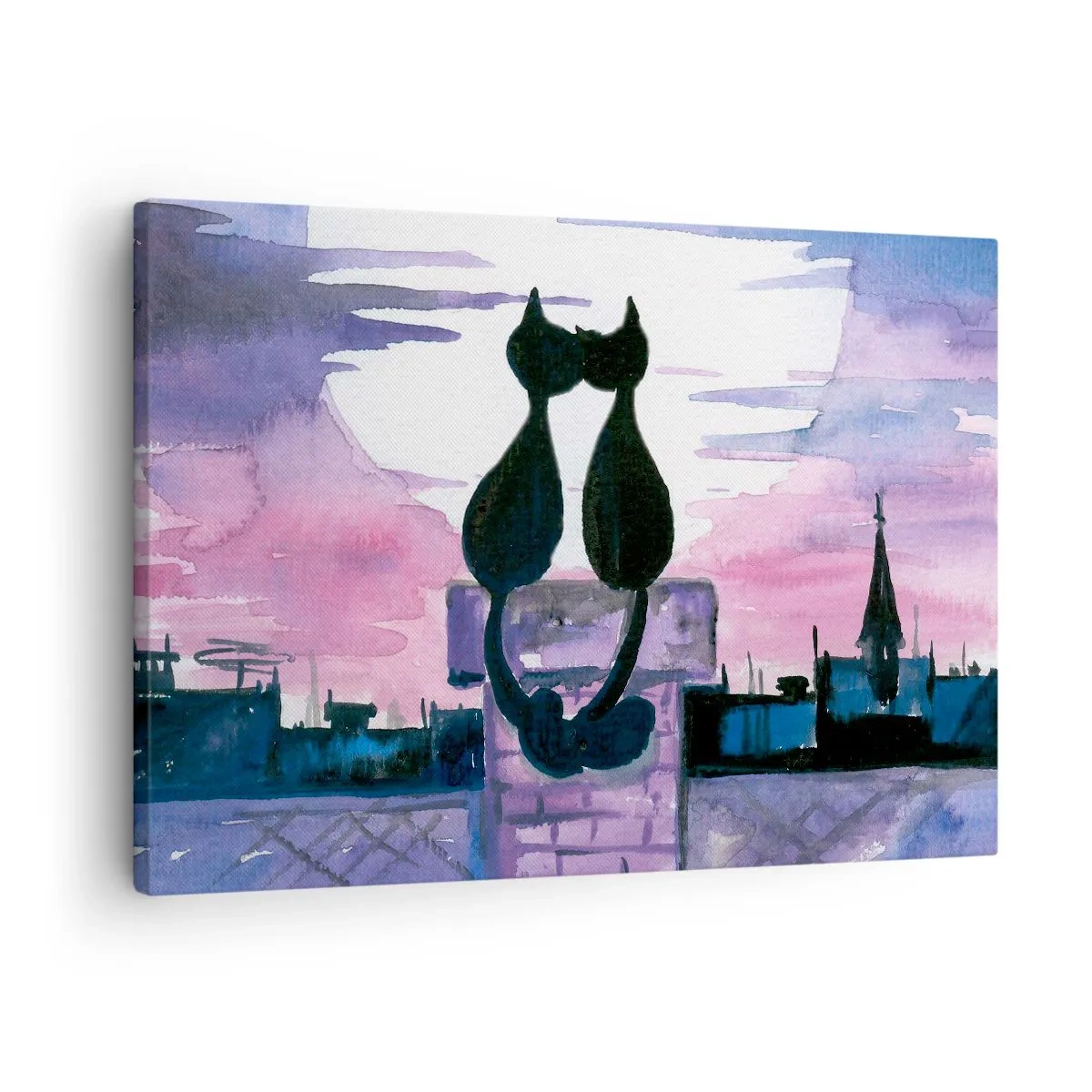 Bild auf Leinwand - Leinwandbild - Schwarze Katzen auf einem Dach im Mondlicht in einer Aquarell-Kulisse - 70x50cm - Rendez-vous unter dem Mond - Moderne Wanddekoration für Wohnzimmer und Schlafzimmer ARTTOR