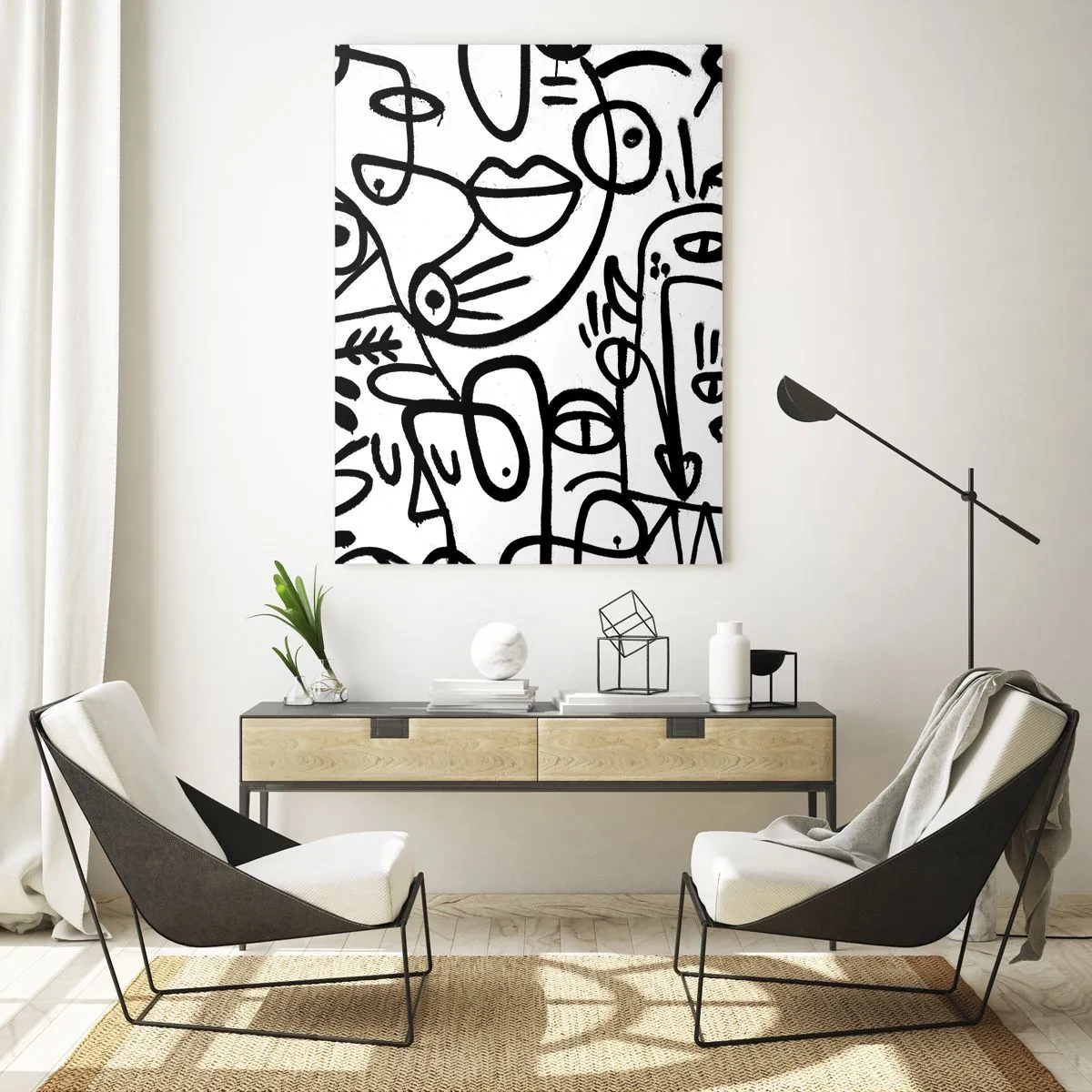 Glasbild - Bild auf glas - Schwarz-Weiß-Abstraktion mit Augen, Gesichtern und Linien - 50x70cm - Gesichter und Luftspiegelungen - Moderne Wanddekoration für Wohnzimmer und Schlafzimmer ARTTOR