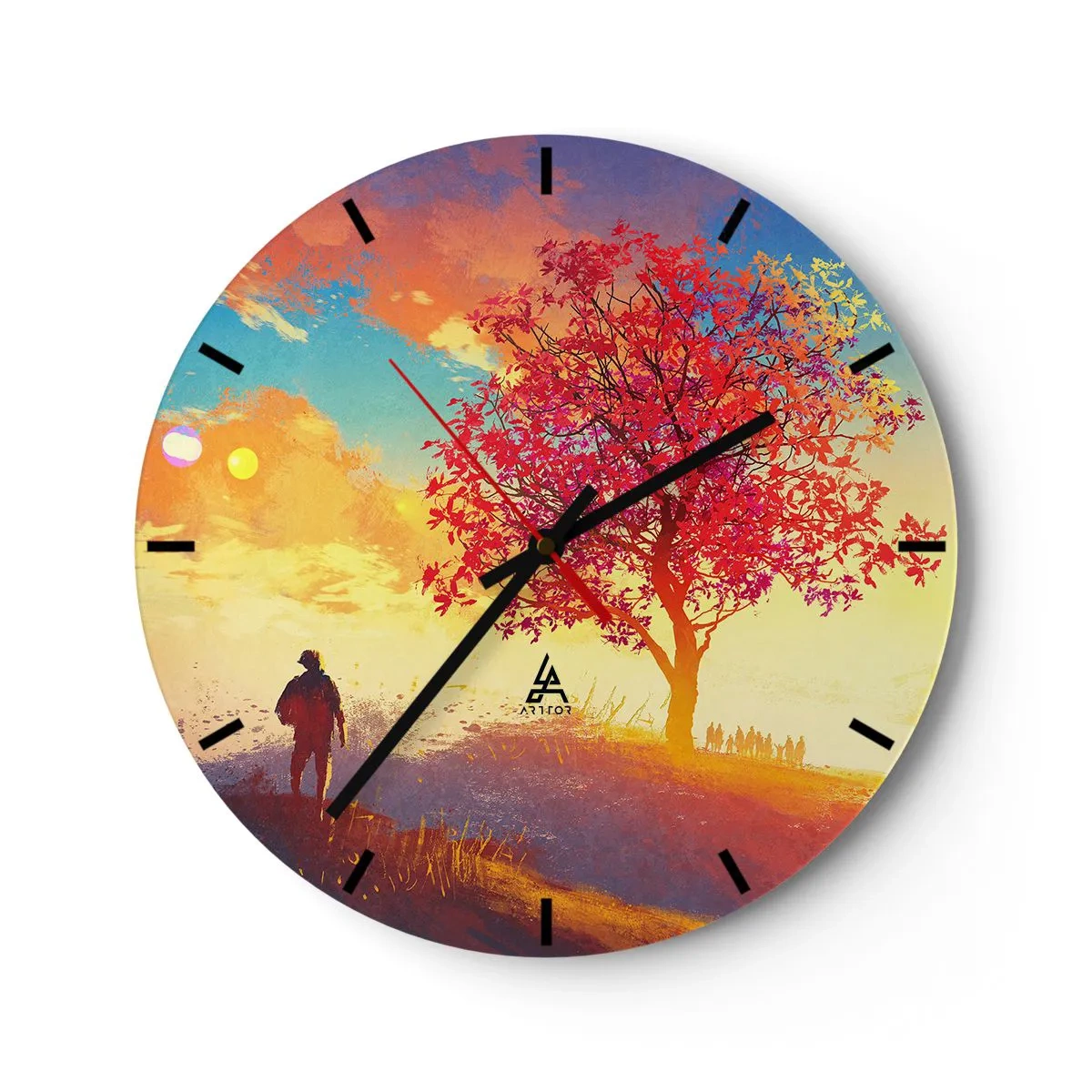 Wanduhr - Glasuhr - Ein Baum in Herbstfarben mit einer Person vor einem malerischen Himmel - 30x30cm - Pilger am Ziel - Moderne Wanddekoration für Wohnzimmer, Küche und Schlafzimmer ARTTOR