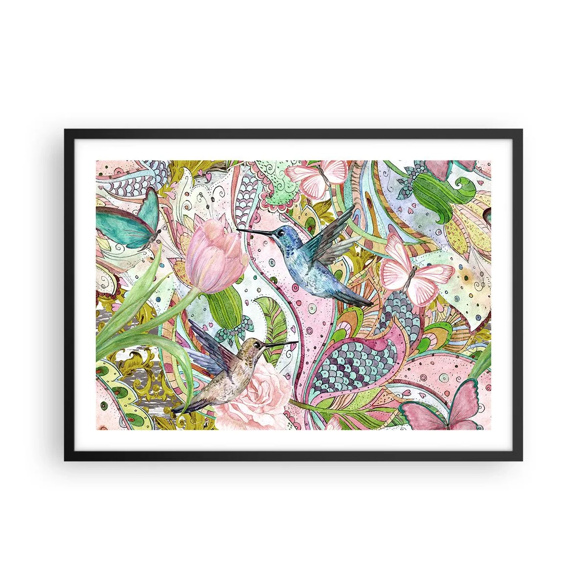 Poster in einem schwarzem Rahmen - Bunte Kolibris und Schmetterlinge zwischen den Pflanzen - 70x50cm - Verstrickt in Weinreben - Moderne Wanddekoration für Wohnzimmer und Schlafzimmer ARTTOR