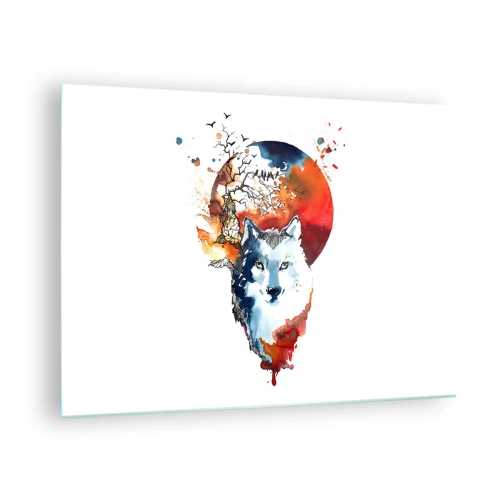 Glasbild - Bild auf glas - Illustration eines Wolfes mit einem Vollmond im Hintergrund - 70x50cm - Nase an Nase mit der Nacht - Moderne Wanddekoration für Wohnzimmer und Schlafzimmer ARTTOR