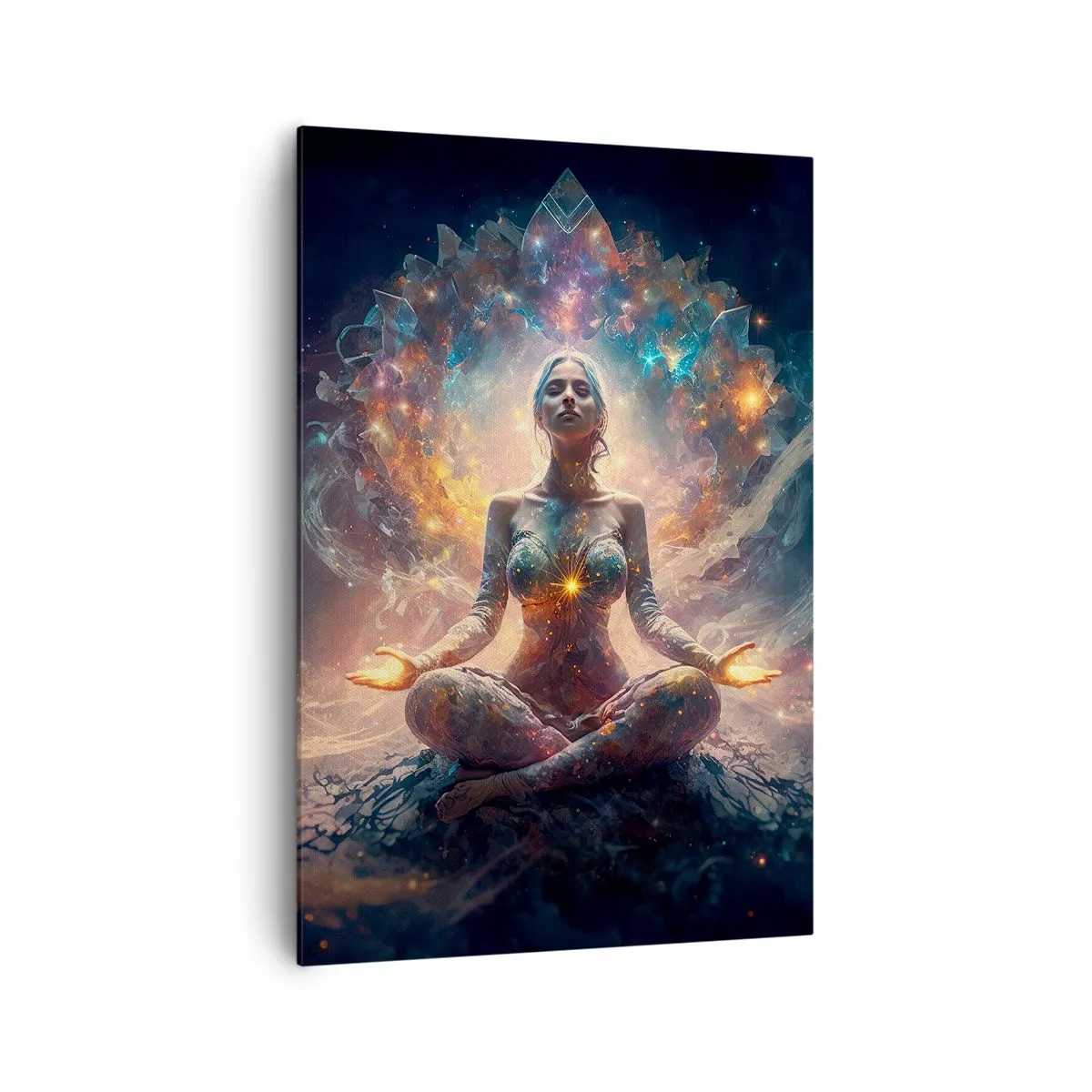 Bild auf Leinwand - Leinwandbild - Eine meditierende Figur, umgeben von energetischen Mustern und Farben. - 70x100cm - Fluss guter Energie - Moderne Wanddekoration für Wohnzimmer und Schlafzimmer ARTTOR