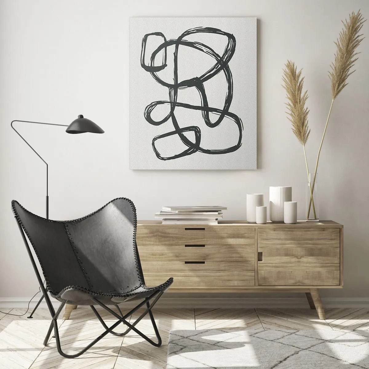 Glasbild - Bild auf glas - Abstrakte Linien erzeugen Freiformformen auf hellem Hintergrund - 70x100cm - Schleifenabstraktion - Moderne Wanddekoration für Wohnzimmer und Schlafzimmer ARTTOR