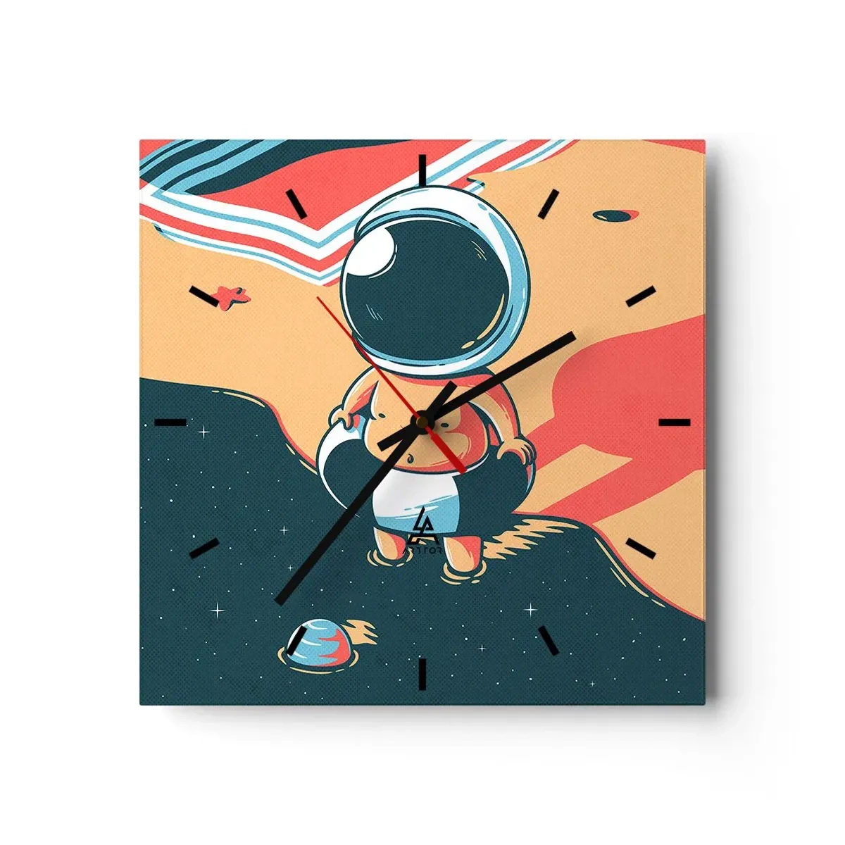 Wanduhr - Glasuhr - Lustiger Astronaut am Strand mit Weltraumelementen im Hintergrund - 30x30cm - Aus einer anderen Perspektive - Moderne Wanddekoration für Wohnzimmer und Schlafzimmer ARTTOR