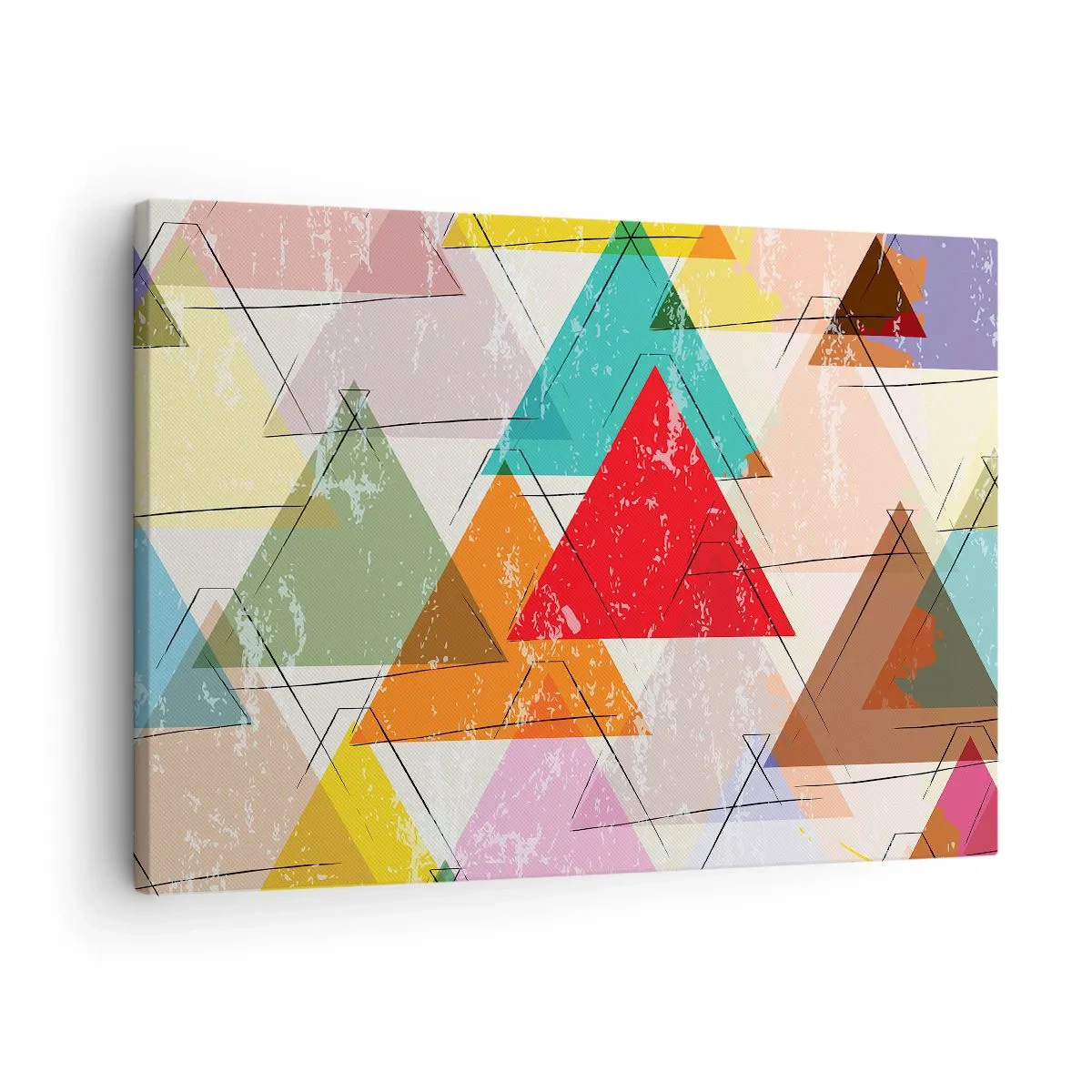 Bild auf Leinwand - Leinwandbild - Bunte Abstraktion mit geometrischen Dreiecken - 70x50cm - Drei mal drei - Moderne Wanddekoration für Wohnzimmer und Schlafzimmer ARTTOR