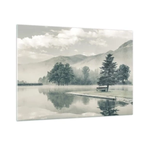 Glasbild - Bild auf glas - Ein ruhiger See am Morgen mit einer Bank und Nebel über dem Wasser - 100x70cm - Der See schläft noch - Moderne Wanddekoration für Wohnzimmer und Schlafzimmer ARTTOR
