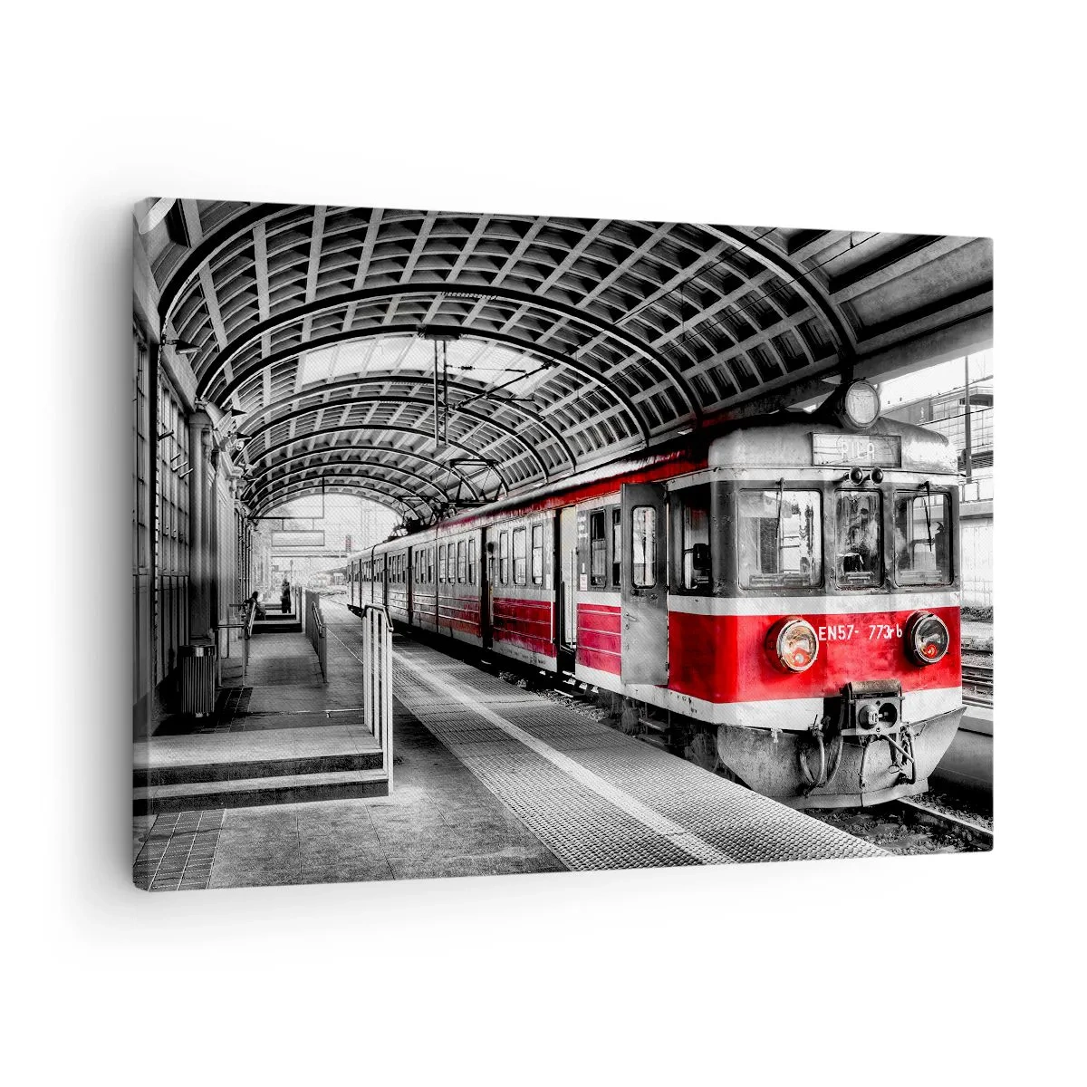 Bild auf Leinwand - Leinwandbild - Roter Zug am Bahnhof unter einem Dach - 70x50cm - Vielleicht ist es eine Reise Ihres Lebens? - Moderne Wanddekoration für Wohnzimmer und Schlafzimmer ARTTOR