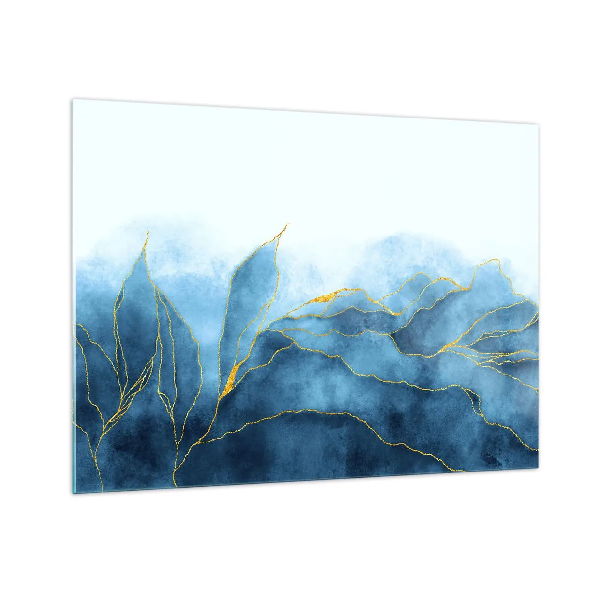 Glasbild - Bild auf glas - Abstrakte blaue Formen mit zarten goldenen Linien. - 70x50cm - Blau im Gold - Moderne Wanddekoration für Wohnzimmer und Schlafzimmer ARTTOR