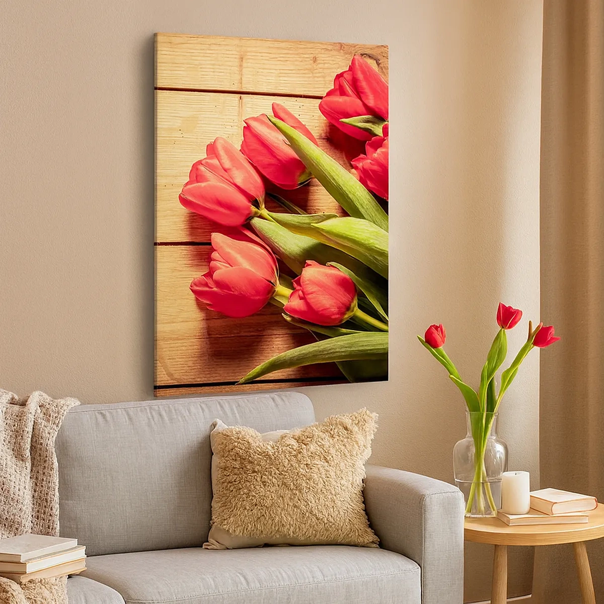Bild auf Leinwand - Leinwandbild - Ein Strauß rosa Tulpen auf einem hölzernen Hintergrund - 50x70cm - Frühlingsgeständnis - Moderne Wanddekoration für Wohnzimmer und Schlafzimmer ARTTOR