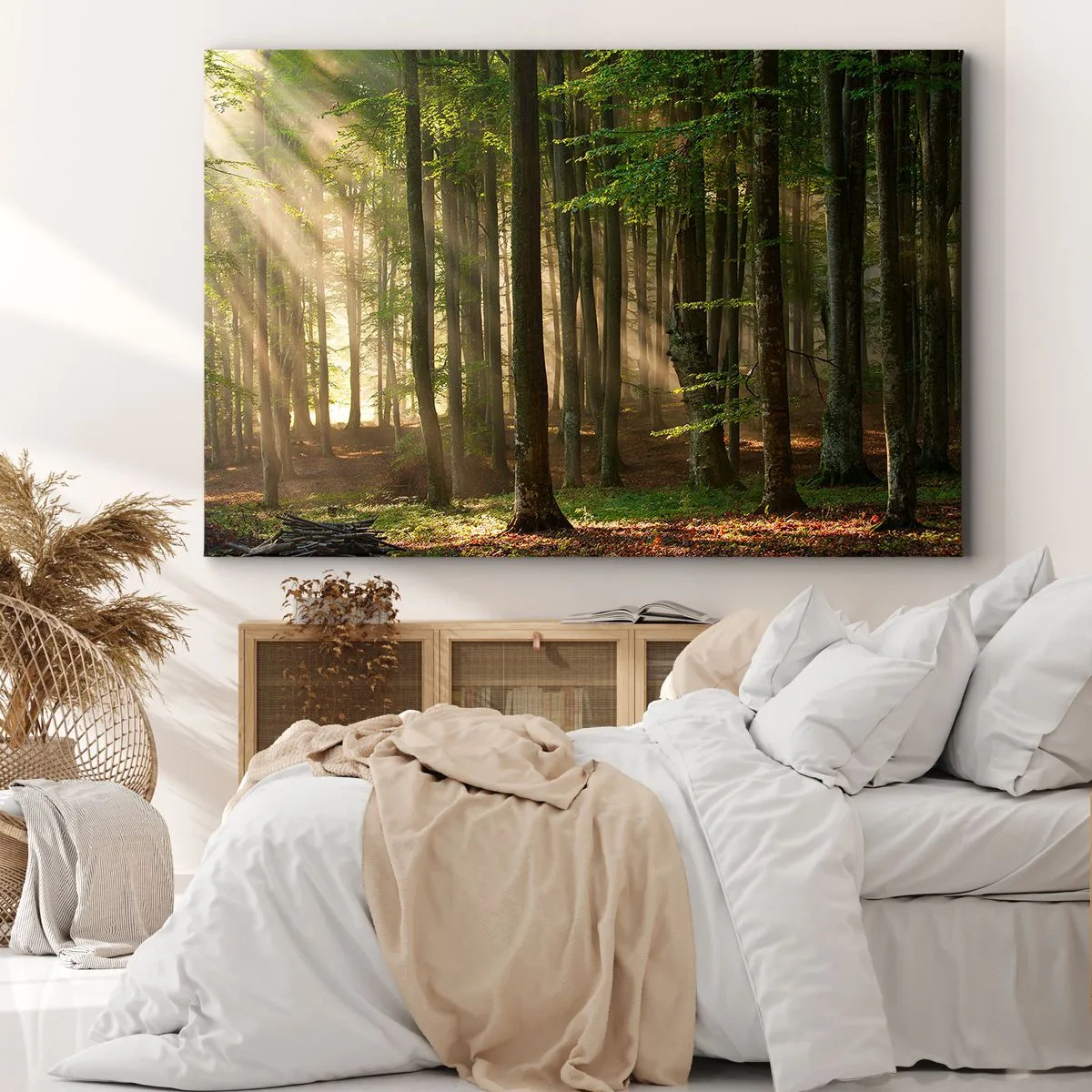 Bild auf Leinwand - Leinwandbild - Sonnenstrahlen dringen durch die Bäume im Wald - 120x80cm - Strahlend an einem Frühlingsmorgen - Moderne Wanddekoration für Wohnzimmer und Schlafzimmer ARTTOR