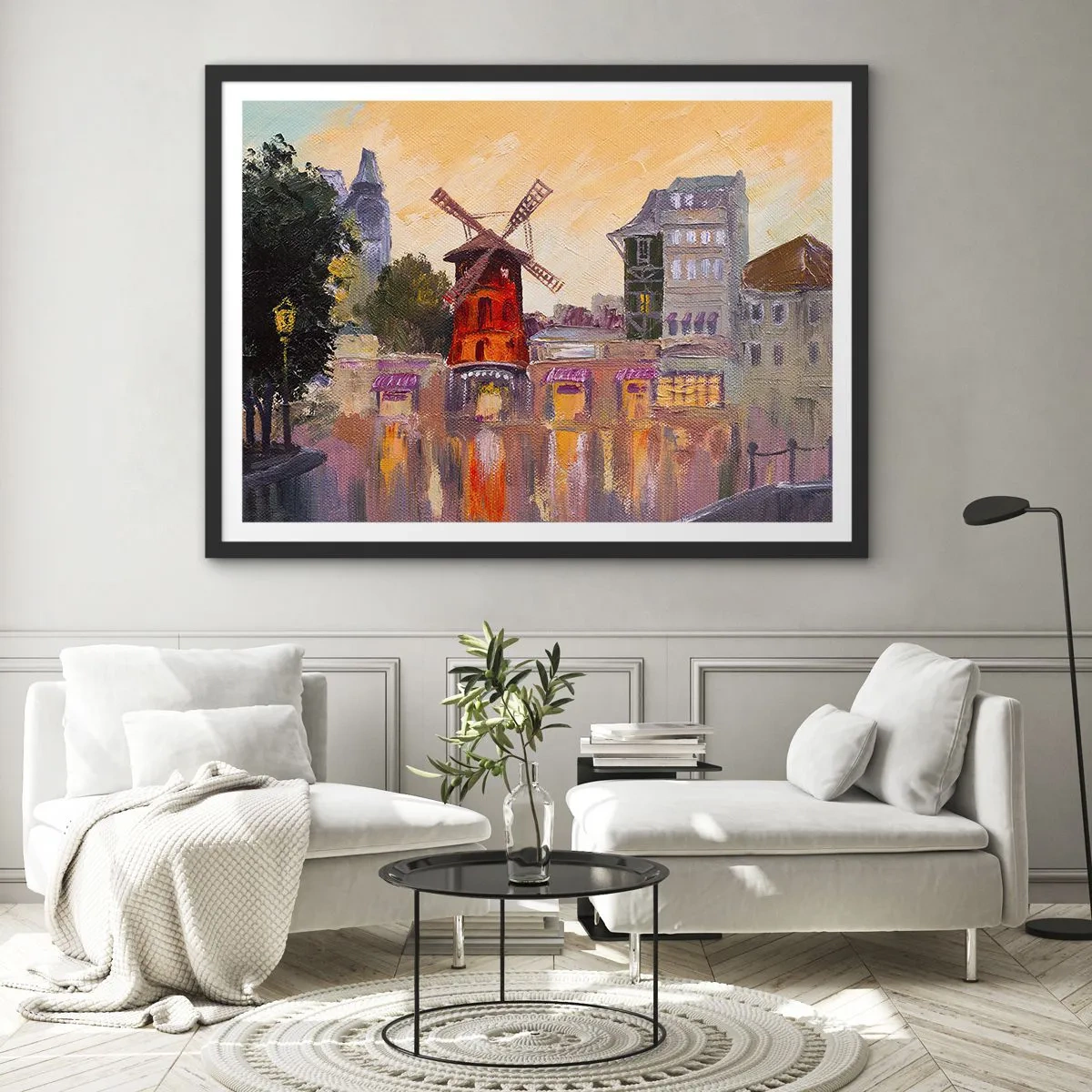 Poster in einem schwarzem Rahmen - Die rote Windmühle des Moulin Rouge, umgeben von der Stadtlandschaft - 70x50cm - Pariser Ikonen – Moulin Rouge - Moderne Wanddekoration für Wohnzimmer und Schlafzimmer ARTTOR