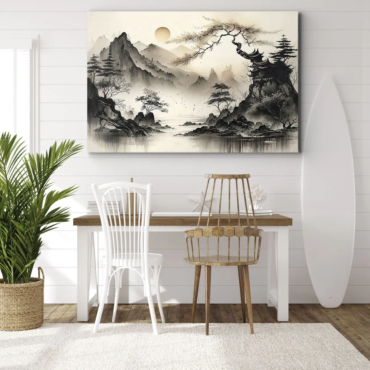 Bild auf Leinwand - Leinwandbild - Eine orientalische Landschaft mit Bergen und einer Pagode in zarten Farbtönen. - 120x80cm - Einzigartiger Charme des Orients - Moderne Wanddekoration für Wohnzimmer und Schlafzimmer ARTTOR