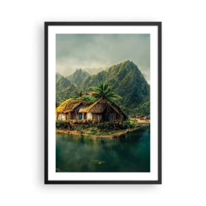 Poster in einem schwarzem Rahmen - Tropisches Ferienhaus mit Bergen und einem See im Hintergrund - 50x70cm - Tropisches Paradies - Moderne Wanddekoration für Wohnzimmer und Schlafzimmer ARTTOR