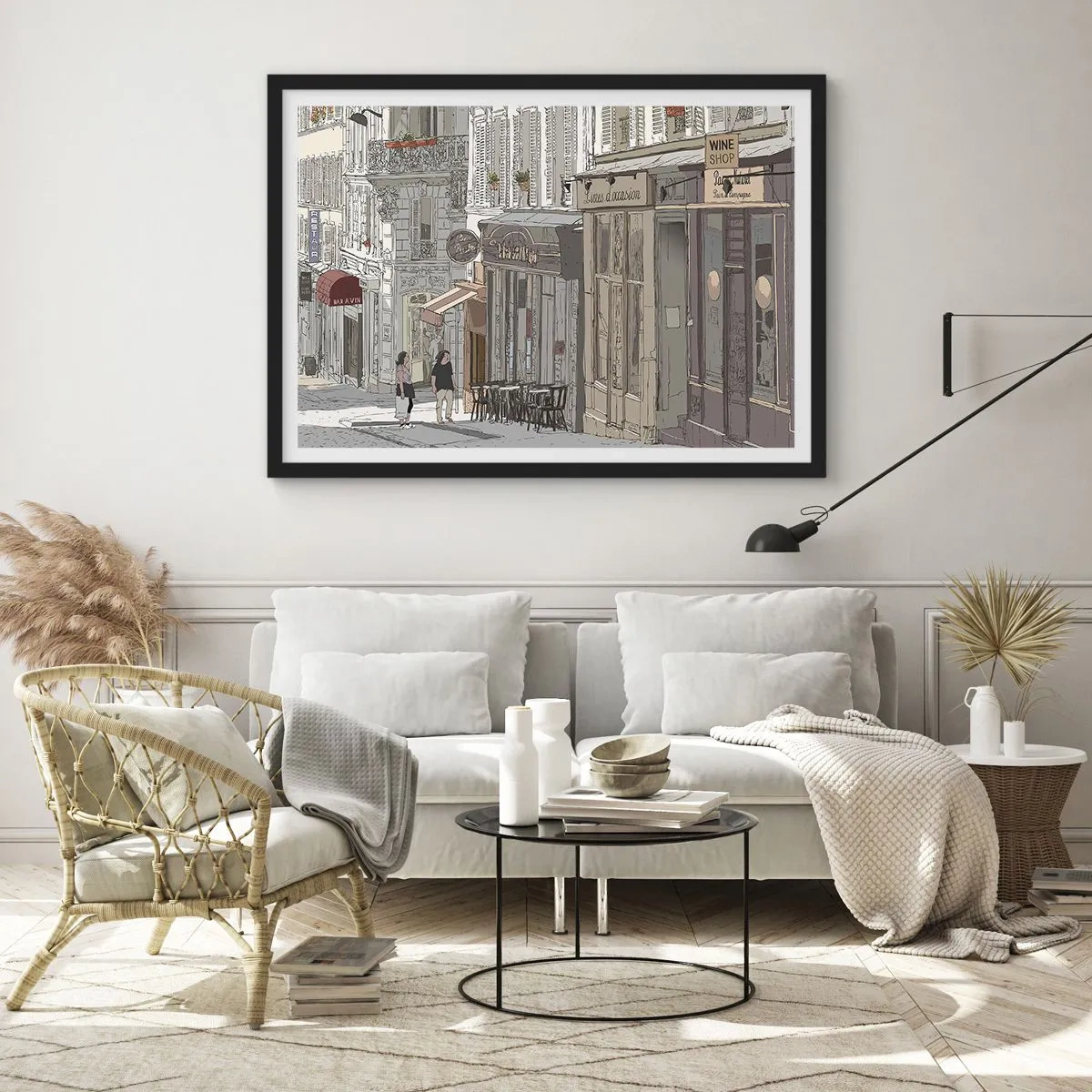 Poster in einem schwarzem Rahmen - Abbildung einer Stadtstraße mit Cafés und Geschäften - 70x50cm - Stadtfreuden - Moderne Wanddekoration für Wohnzimmer und Schlafzimmer ARTTOR