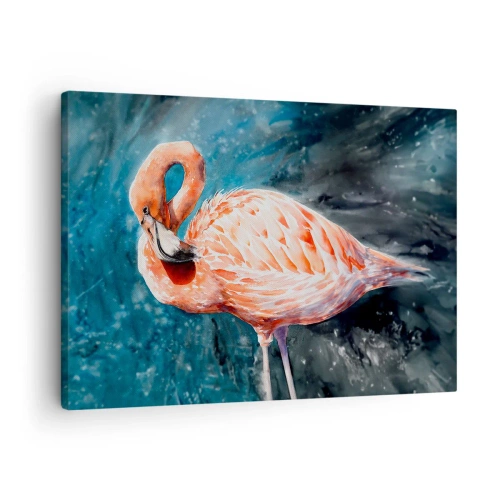 Bild auf Leinwand - Leinwandbild - Ein rosa Flamingo auf einem aquarellblauen Hintergrund - 70x50cm - Von Natur aus dekorativ - Moderne Wanddekoration für Wohnzimmer und Schlafzimmer ARTTOR