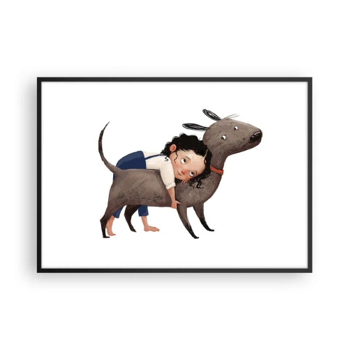 Poster in einem schwarzem Rahmen - Cartoonartige Illustration eines Kindes, das einen Hund umarmt - 100x70cm - Beste Freunde - Moderne Wanddekoration für Wohnzimmer und Schlafzimmer ARTTOR