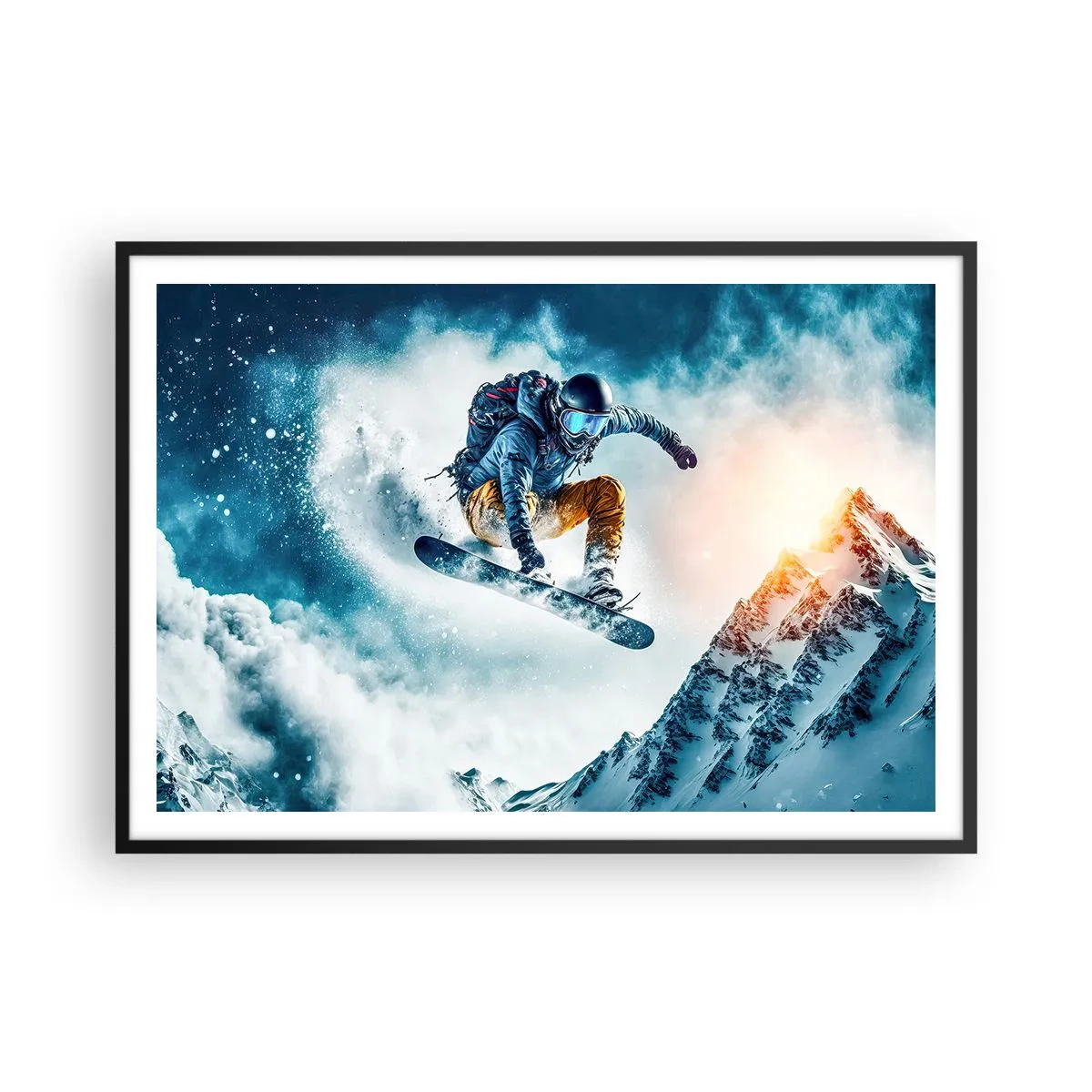 Poster in einem schwarzem Rahmen - Ein Snowboarder fliegt über schneebedeckte Berge - 100x70cm - Extreme Emotionen - Moderne Wanddekoration für Wohnzimmer und Schlafzimmer ARTTOR