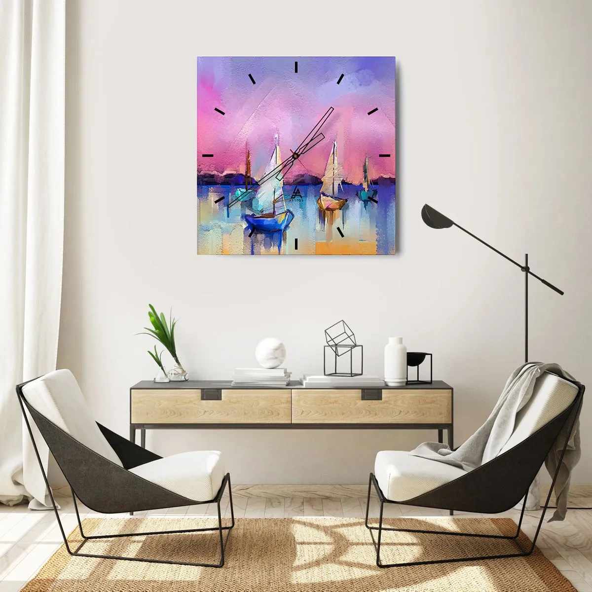 Wanduhr - Glasuhr - Segelboote auf ruhigem Meer in den Pastellfarben des Sonnenuntergangs - 30x30cm - Richtung: breites Wasser - Moderne Wanddekoration für Wohnzimmer und Schlafzimmer ARTTOR