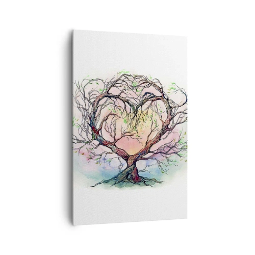 Bild auf Leinwand - Leinwandbild - Ein herzförmiger Baum vor einem Hintergrund aus zarten Pastellfarben - 80x120cm - Gemeinsam gegen die Stürme - Moderne Wanddekoration für Wohnzimmer und Schlafzimmer ARTTOR