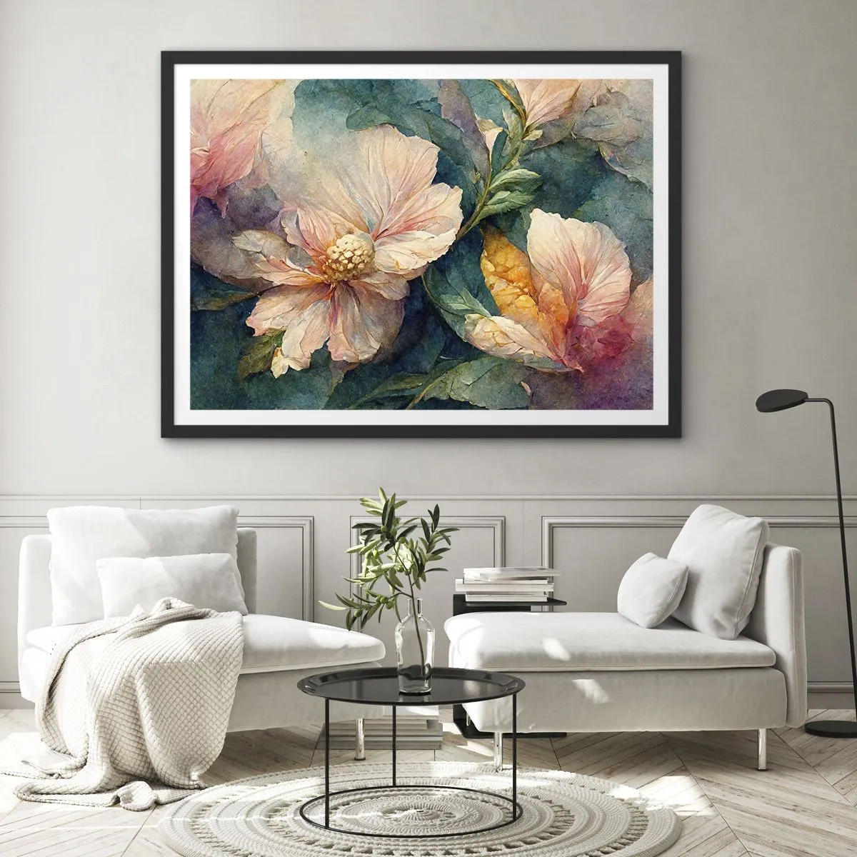 Poster in einem schwarzem Rahmen - Zarte Blüten in Pastellfarben - 70x50cm - Pure Subtilität - Moderne Wanddekoration für Wohnzimmer und Schlafzimmer ARTTOR