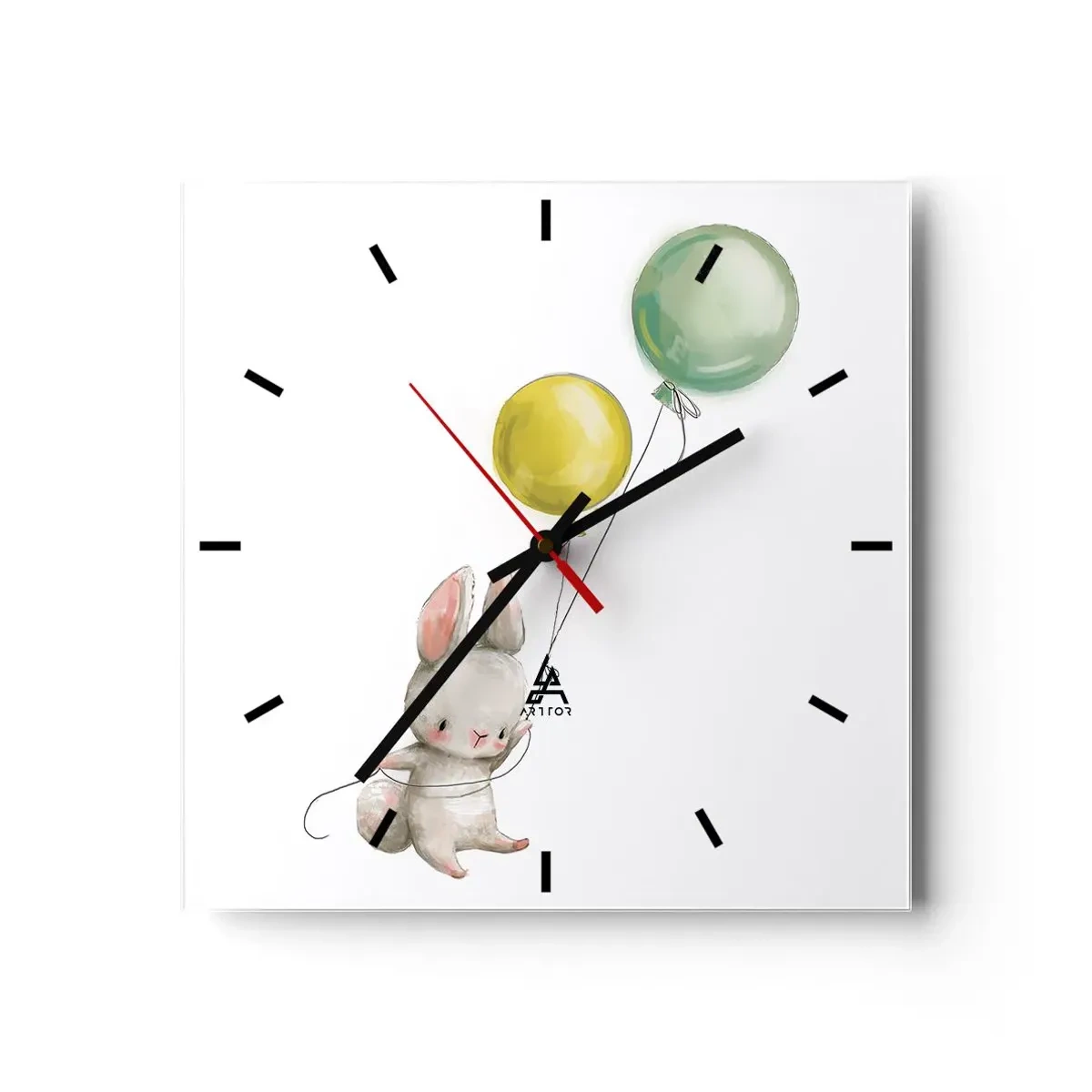 Wanduhr - Glasuhr - Ein Kaninchen hält pastellfarbene Luftballons - 30x30cm - Ich werde auch fliegen! - Moderne Wanddekoration für Wohnzimmer und Schlafzimmer ARTTOR