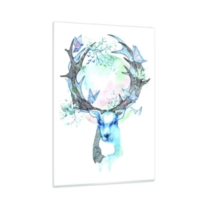 Glasbild - Bild auf glas - Eine skurrile Hirschgrafik mit Natur- und Schmetterlingsmotiv - 80x120cm - Die Kraft und Feinheit der Natur - Moderne Wanddekoration für Wohnzimmer und Schlafzimmer ARTTOR