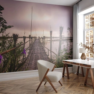 Fototapete Premium Sand - Eine Holzbrücke vor einem bewölkten Himmel - 100x70cm - Frieden und Ruhe Asiens - Moderne Wanddekoration für Wohnzimmer und Schlafzimmer ARTTOR