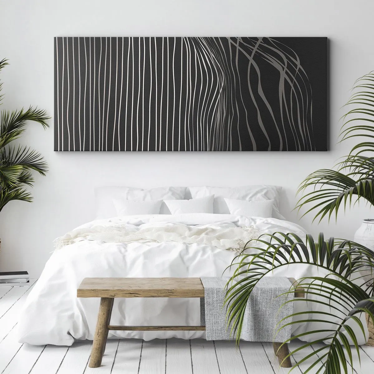 Bild auf Leinwand - Leinwandbild - Weiße Linien auf dunkelgrauem Hintergrund in abstrakter Anordnung - 120x50cm - Rhythmus und Akzent - Moderne Wanddekoration für Wohnzimmer und Schlafzimmer ARTTOR