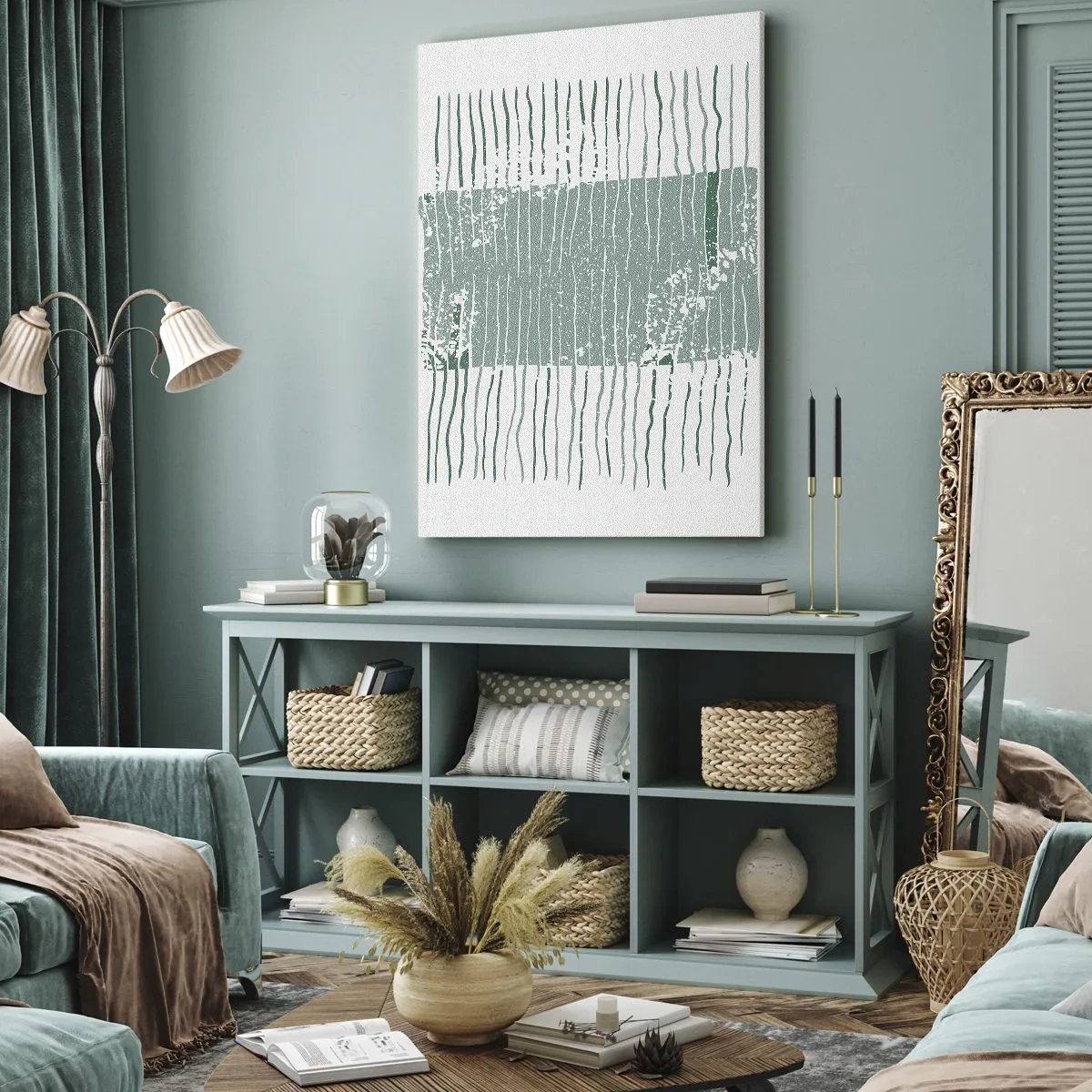 Bild auf Leinwand - Leinwandbild - Geometrisches Muster in Meeresgrün- und Weißtönen - 50x70cm - Marine Abstraktion - Moderne Wanddekoration für Wohnzimmer und Schlafzimmer ARTTOR