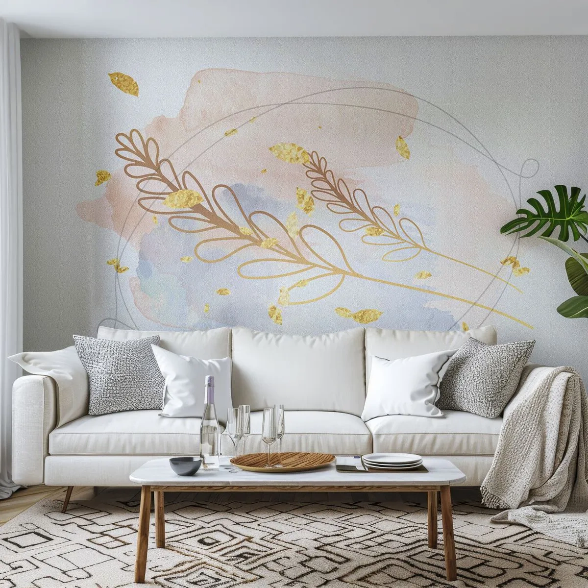 Fototapete Premium Sand - Goldene Blätter und Zweige vor einem pastellfarbenen Aquarellhintergrund - 100x70cm - Goldenr Hauch - Moderne Wanddekoration für Wohnzimmer und Schlafzimmer ARTTOR