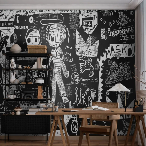 Fototapete Premium Sand - Schwarz-weiße Street-Art-Graffiti-Komposition - 100x70cm - Spirituelle Jugend des Gesetzes und der Freude - Moderne Wanddekoration für Wohnzimmer und Schlafzimmer ARTTOR