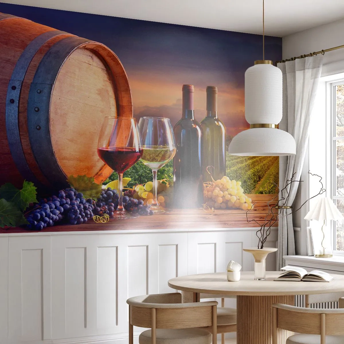 Fototapete Premium Sand - Hier schmeckt das Leben - Weinberg, Weinfass, Traube - 100x70 cm