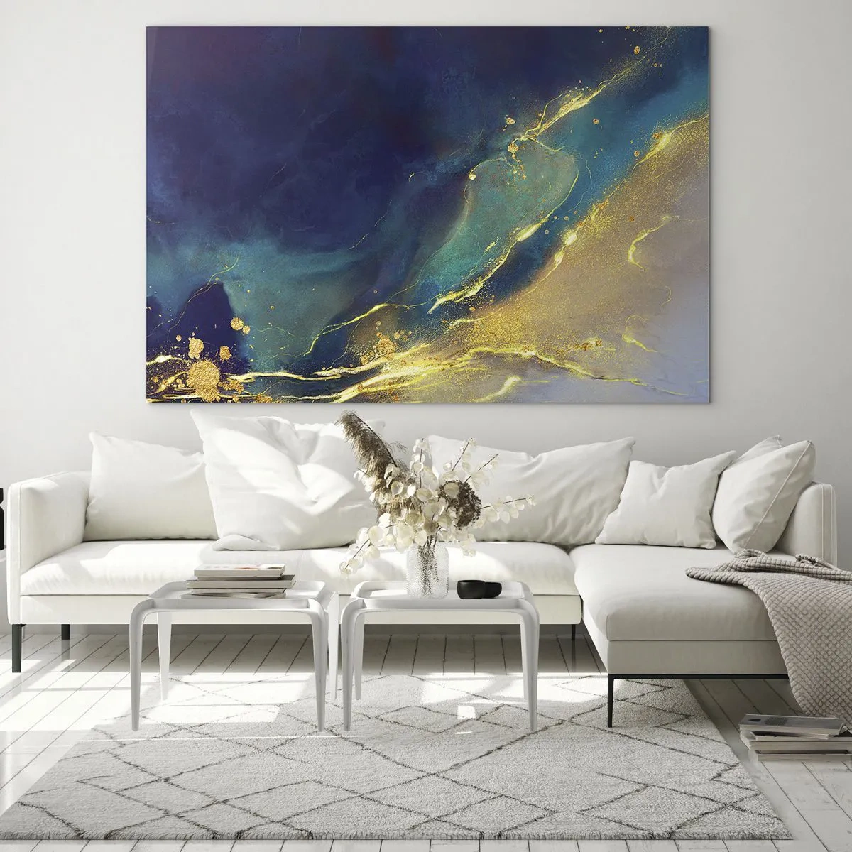 Glasbild - Bild auf glas - Eine abstrakte Komposition in den Farbtönen Marineblau, Türkis und Gold - 70x50cm - Der goldene Teich - Moderne Wanddekoration für Wohnzimmer und Schlafzimmer ARTTOR