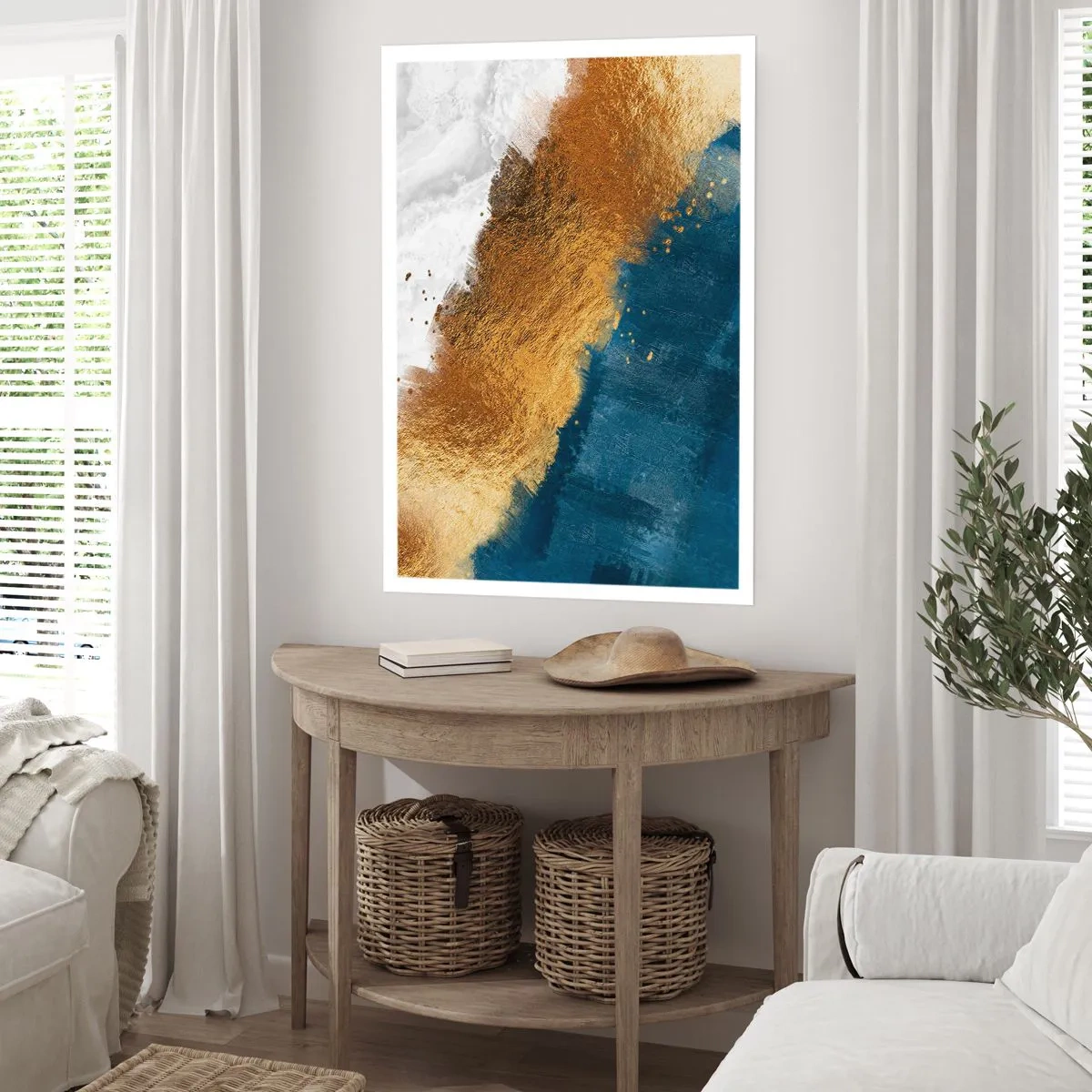 Poster - Eine abstrakte Komposition aus Gold, Marineblau und Weiß - 50x70cm - Farben des Sommers - Moderne Wanddekoration für Wohnzimmer und Schlafzimmer ARTTOR