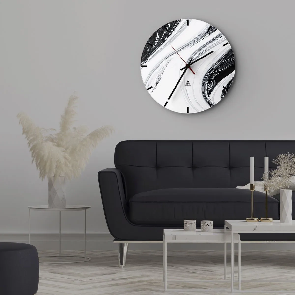 Wanduhr - Glasuhr - Abstrakte schwarze und weiße Linien erzeugen ein fließendes, kontrastreiches Muster. - 30x30cm - Kombination aus Gegensätzen - Moderne Wanddekoration für Wohnzimmer, Küche und Schlafzimmer ARTTOR