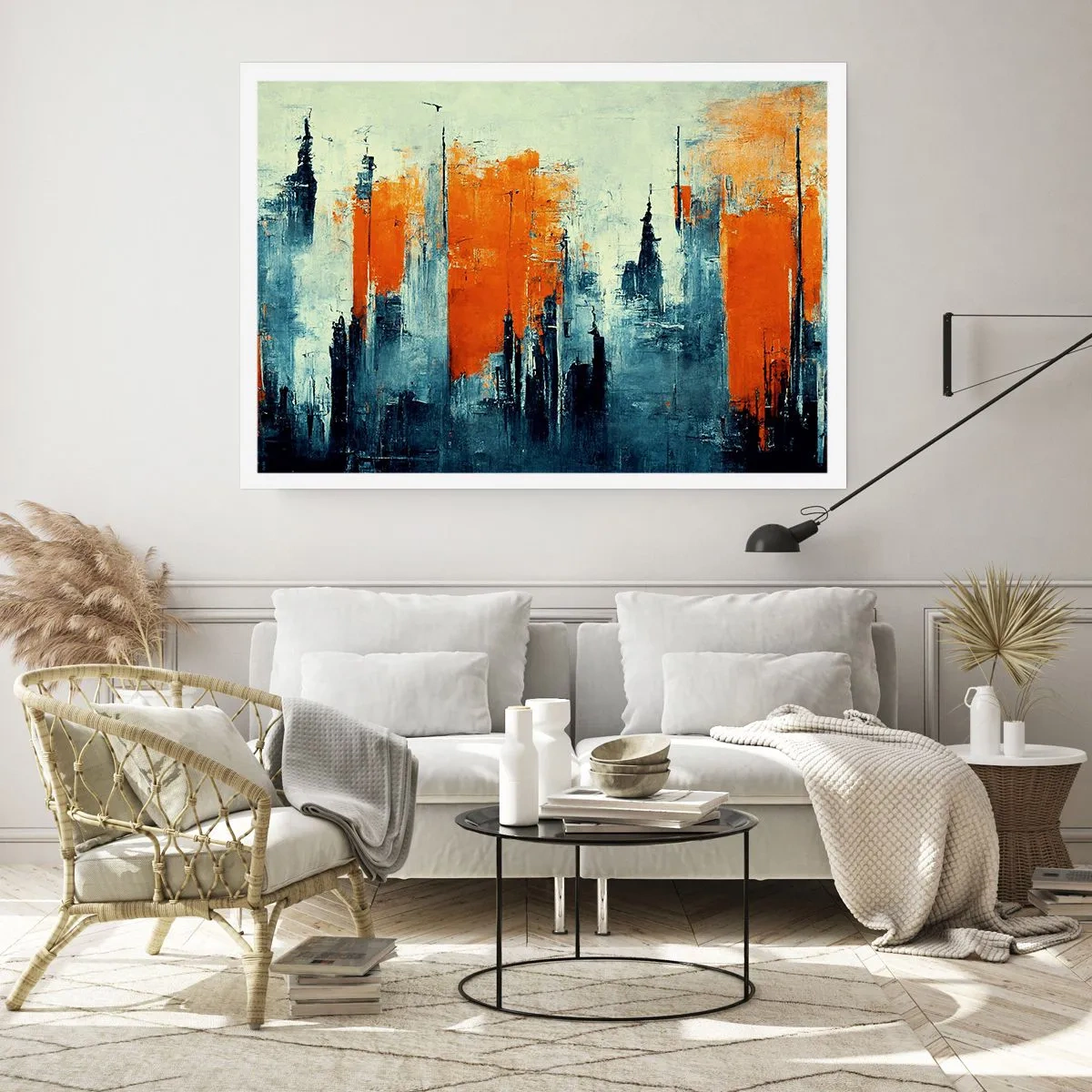 Poster - Abstrakte Stadtlandschaft in Orange- und Blautönen - 100x70cm - Moderne Landschaft - Moderne Wanddekoration für Wohnzimmer und Schlafzimmer ARTTOR