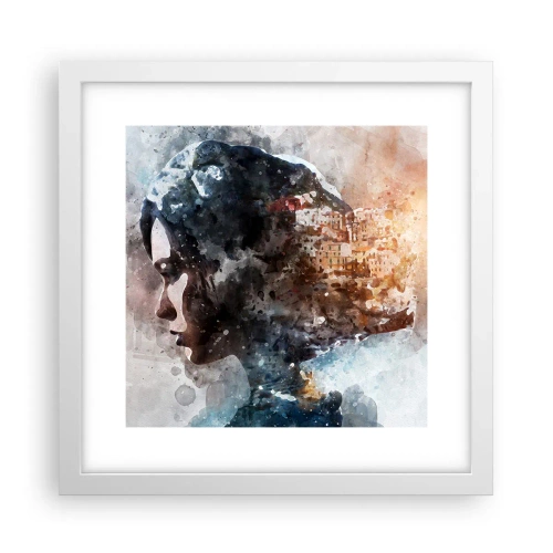 Poster in einem weißen Rahmen - Eine Geschichte über ein Mädchen mit einer Stadt im Hintergrund - 30x30 cm