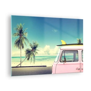 Glasbild - Bild auf glas - Ein Strand mit Palmen und einem rosa Retro-Van am Meer - 70x50cm - Zeit um in die Ferien zu starten - Moderne Wanddekoration für Wohnzimmer und Schlafzimmer ARTTOR