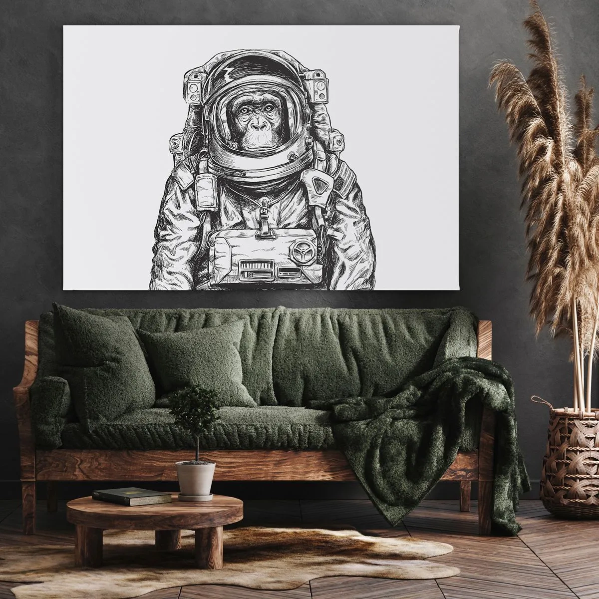 Bild auf Leinwand - Leinwandbild - Grafik eines Astronauten im Raumanzug mit Affenkopf - 120x80cm - Alternative Evolution - Moderne Wanddekoration für Wohnzimmer und Schlafzimmer ARTTOR