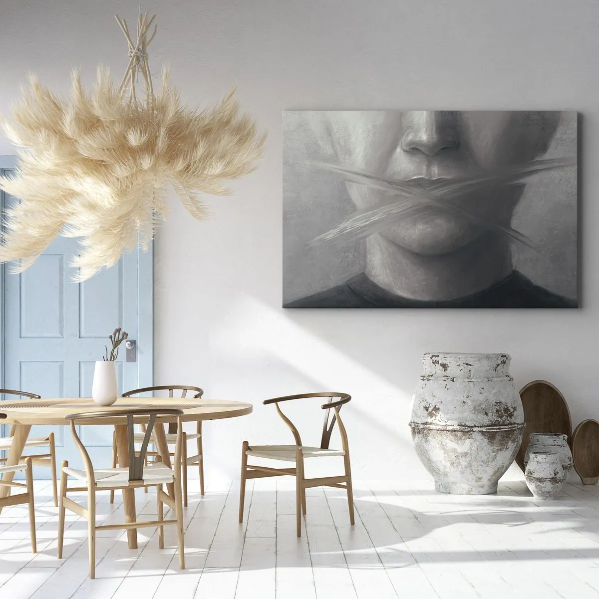 Bild auf Leinwand - Leinwandbild - Ein symbolisches Porträt mit verschwommenen Lippen in Grautönen. - 100x70cm - Ohne ein Wort - Moderne Wanddekoration für Wohnzimmer und Schlafzimmer ARTTOR