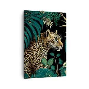 Bild auf Leinwand - Leinwandbild - Leopard in tropischen Blättern auf schwarzem Hintergrund - 70x100cm - Gastgeber im Dschungel - Moderne Wanddekoration für Wohnzimmer und Schlafzimmer ARTTOR