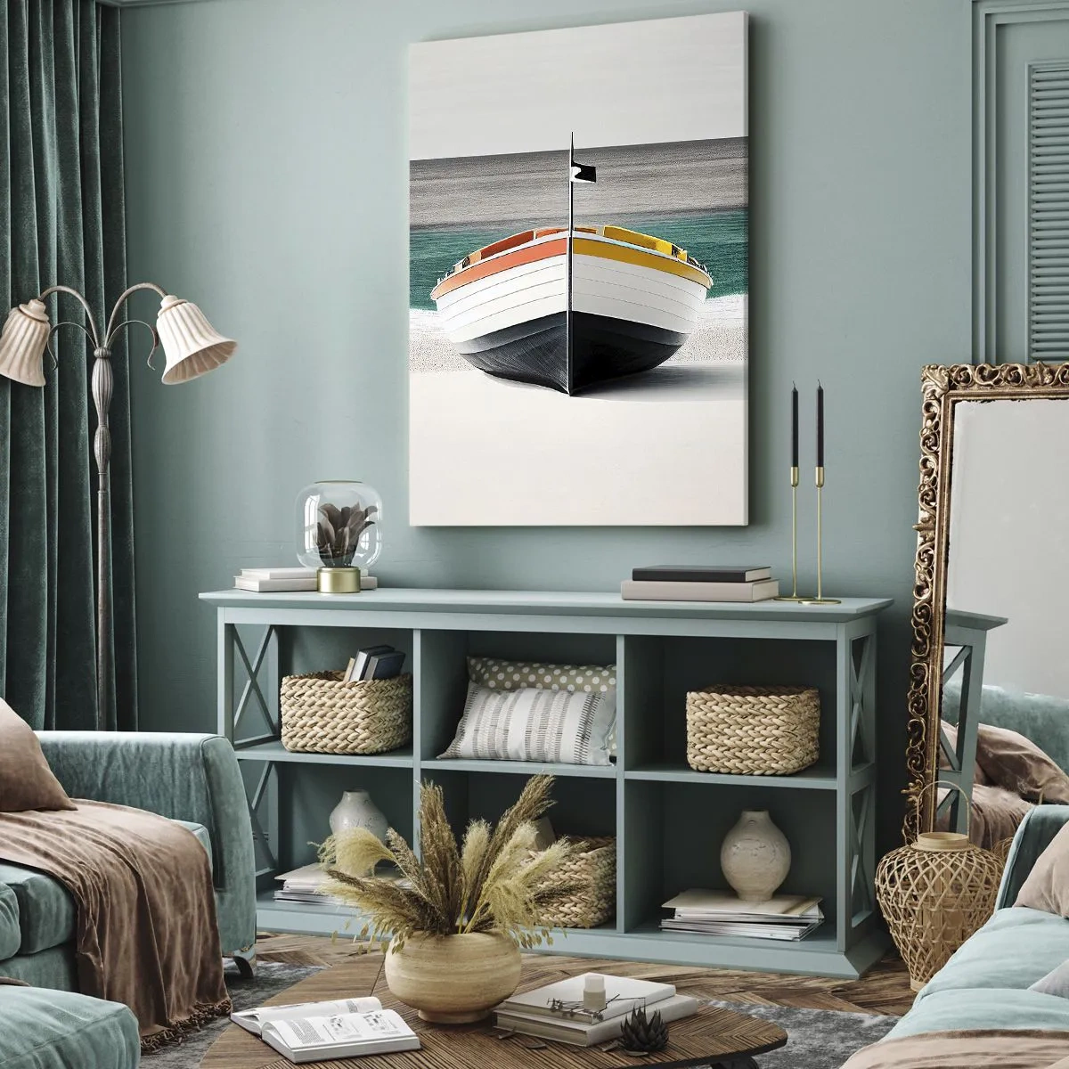Bild auf Leinwand - Leinwandbild - Ein Boot am Strand mit türkisfarbenem Meer im Hintergrund - 70x100cm - An seinem Platz - Moderne Wanddekoration für Wohnzimmer und Schlafzimmer ARTTOR