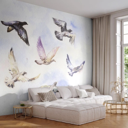Fototapete Premium Sand - Freiheit in Grau und Blau - Vögel, Grafik, Stück - 350x256 cm