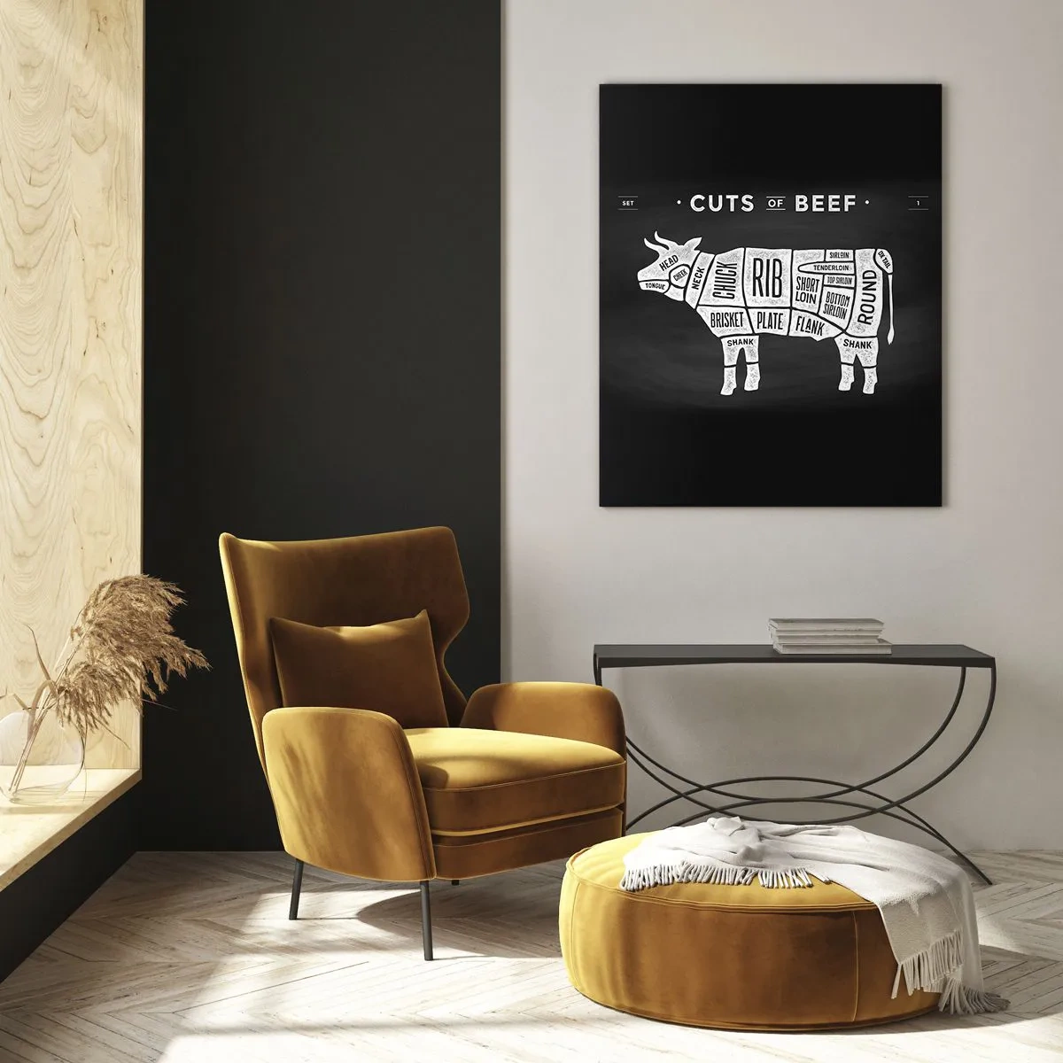Glasbild - Bild auf glas - Rindfleischschnittdiagramm auf einer schwarzen Tafel - 50x70cm - Metzger Grundierung - Moderne Wanddekoration für Wohnzimmer und Schlafzimmer ARTTOR
