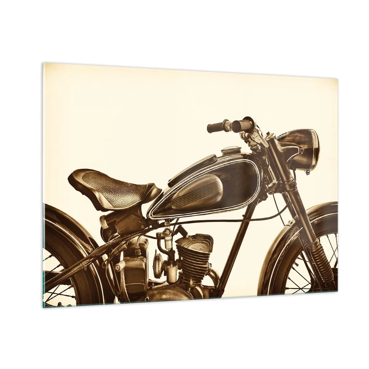 Glasbild - Bild auf glas - Stilvolles Retro-Motorrad in Sepia-Tönen auf hellem Hintergrund - 100x70cm - Sehnsucht nach den Klassikern - Moderne Wanddekoration für Wohnzimmer und Schlafzimmer ARTTOR