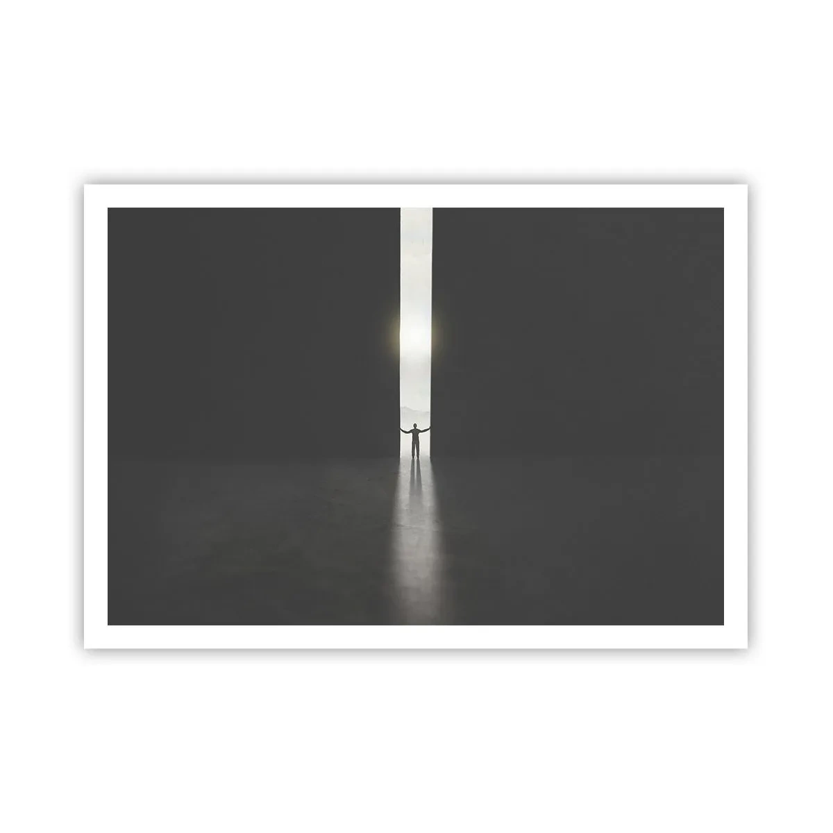 Poster - Ein Mann steht im Licht eines schmalen Schlitzes in einem dunklen Raum - 100x70cm - Ein Schritt in eine strahlende Zukunft - Moderne Wanddekoration für Wohnzimmer und Schlafzimmer ARTTOR